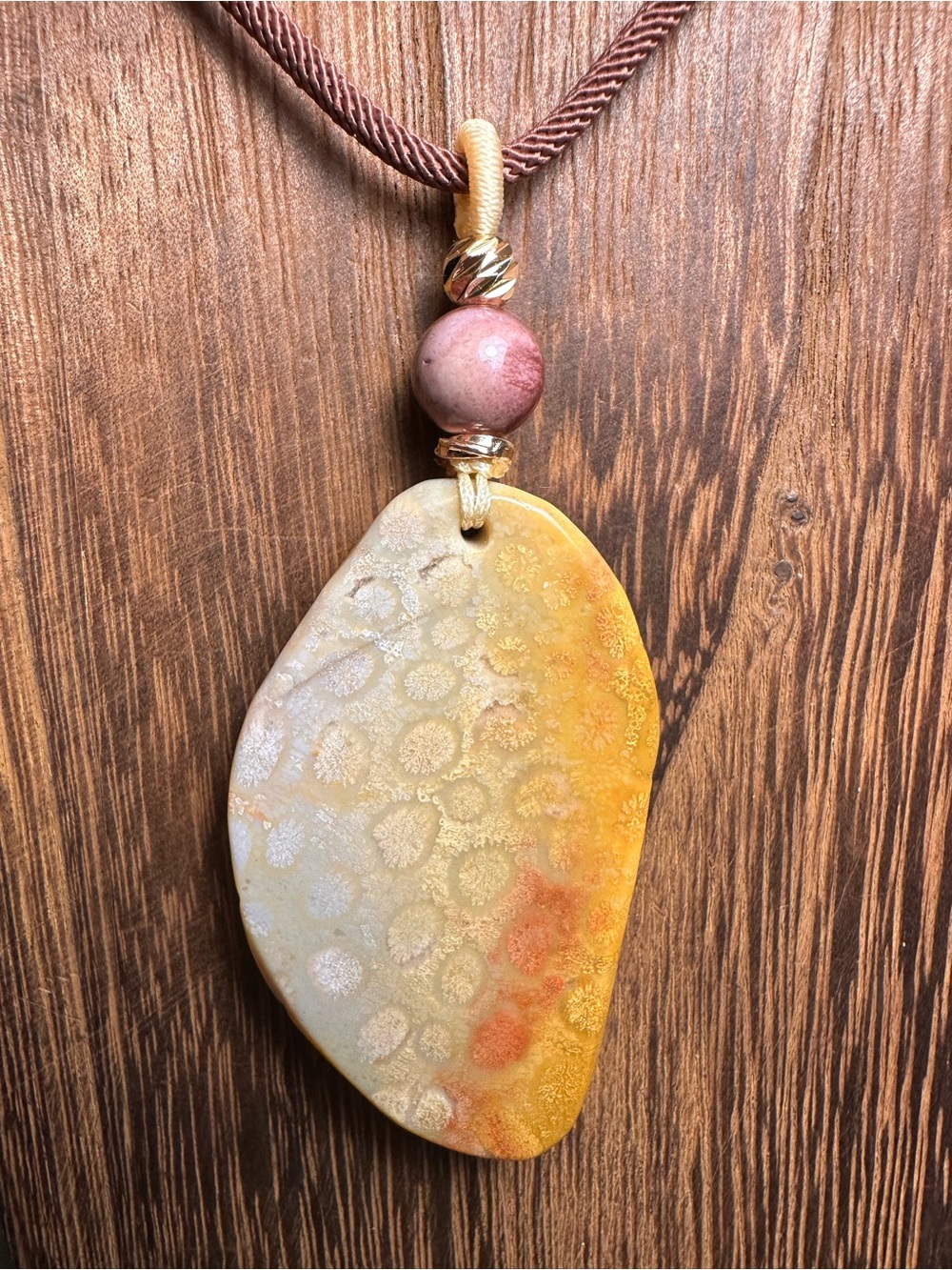 Coral Fossil Lady Profile Pendant Necklace on Brown Rope - Picture 13 of 14